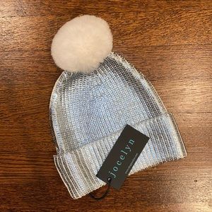 NWT Jocelyn Aqua & Ivory Sequin Knit Faux Fur Pom Beanie